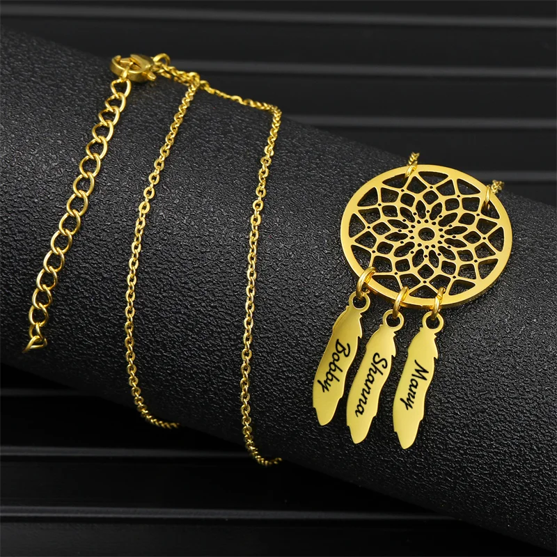 Dreamcatcher Necklace For Women Custom Name Necklace Nameplate Dream Catcher Pendant Stainless Steel Jewelry Golden Chain Choker