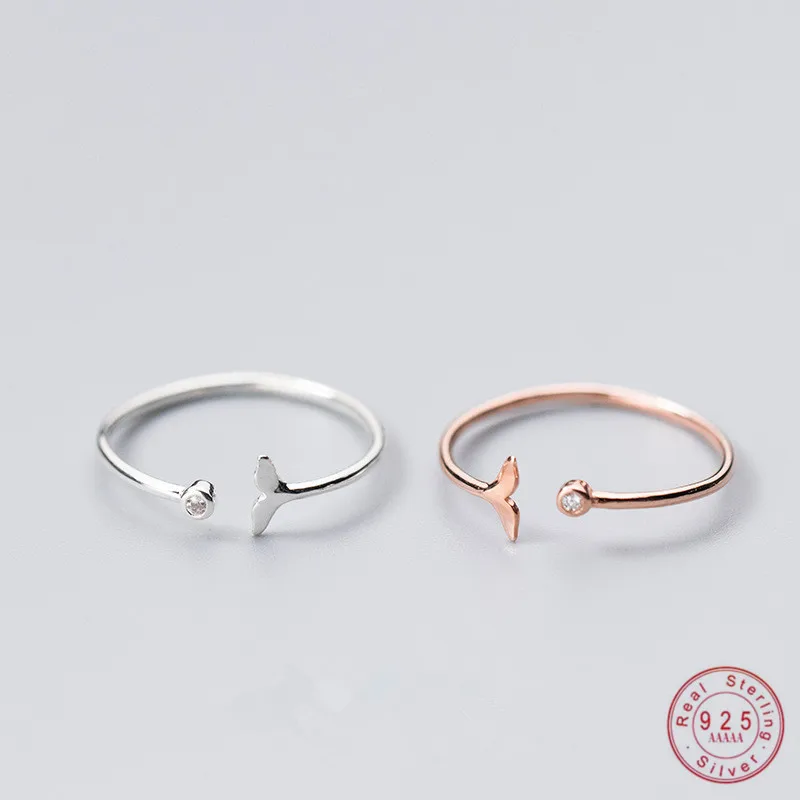 WANTME Genuine 100% 925 Sterling Silver Adjustable Fish Tail Pave Crystal Zircon Rings for Women Cute Animal Finger Jewelry