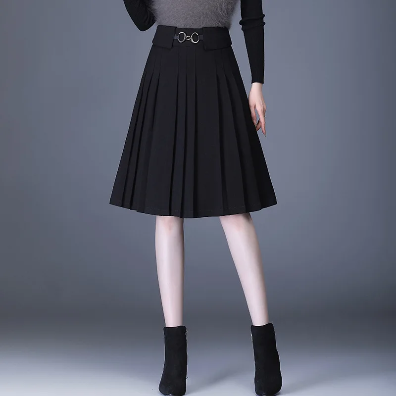 

Autumn Winter New High Waist Pleated Skirt Women Elegant Fashion Loose Casual Office Lady Korean Knee-length Black Skirts