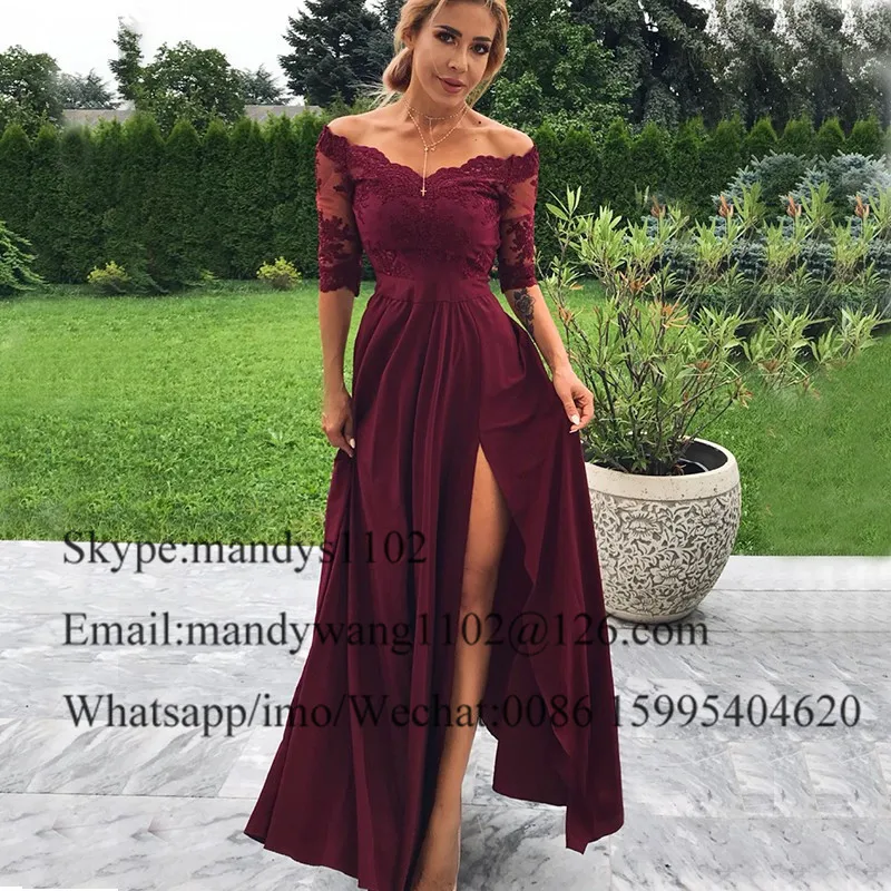 A-line Long Prom Dresses 2022 Sexy High Split Burgundy Women Formal Evening Dress Gown Half Sleves Vestidos de gala image 3
