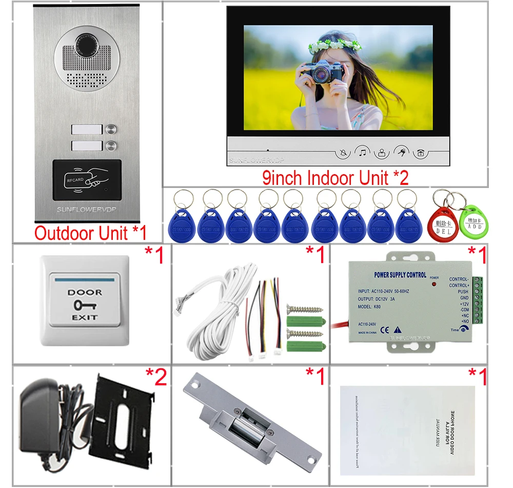 Video Call With Monitor 9inchs Color Video Intercom 2-6 Apartments House Doorbell + Camera Rfid Video Call Electric Strike Lock