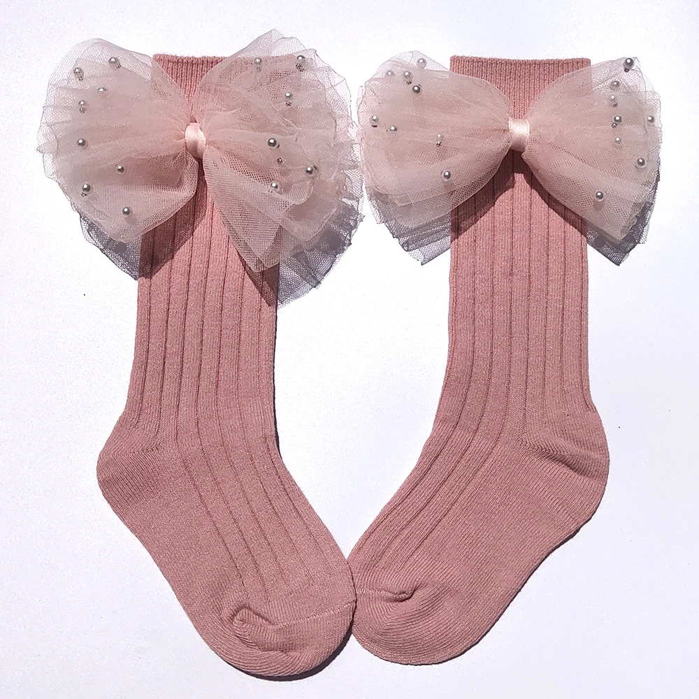 Toddler Girls Socks Bows Beading Knee High Princess Socks For Girl Cute Newborn Baby Cotton Sock Long Tube Children Socks 0-7Y