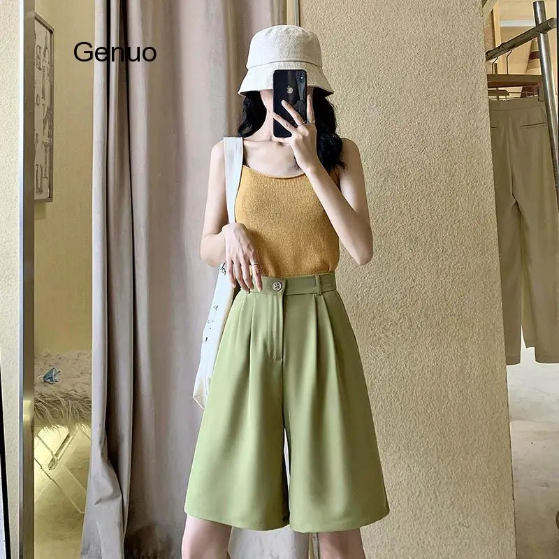 High Waist Women Shorts Casual Half- Length Sashes Belted Women Loose Shorts Pockets Spring Summer