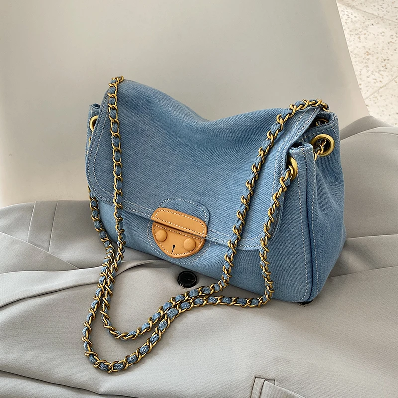 Vintage Blue Denim Quilted Women Shoulder Bags Designer Brand Handbags Luxury Chains Jeans Messenger Bag Large Tote Female Purse