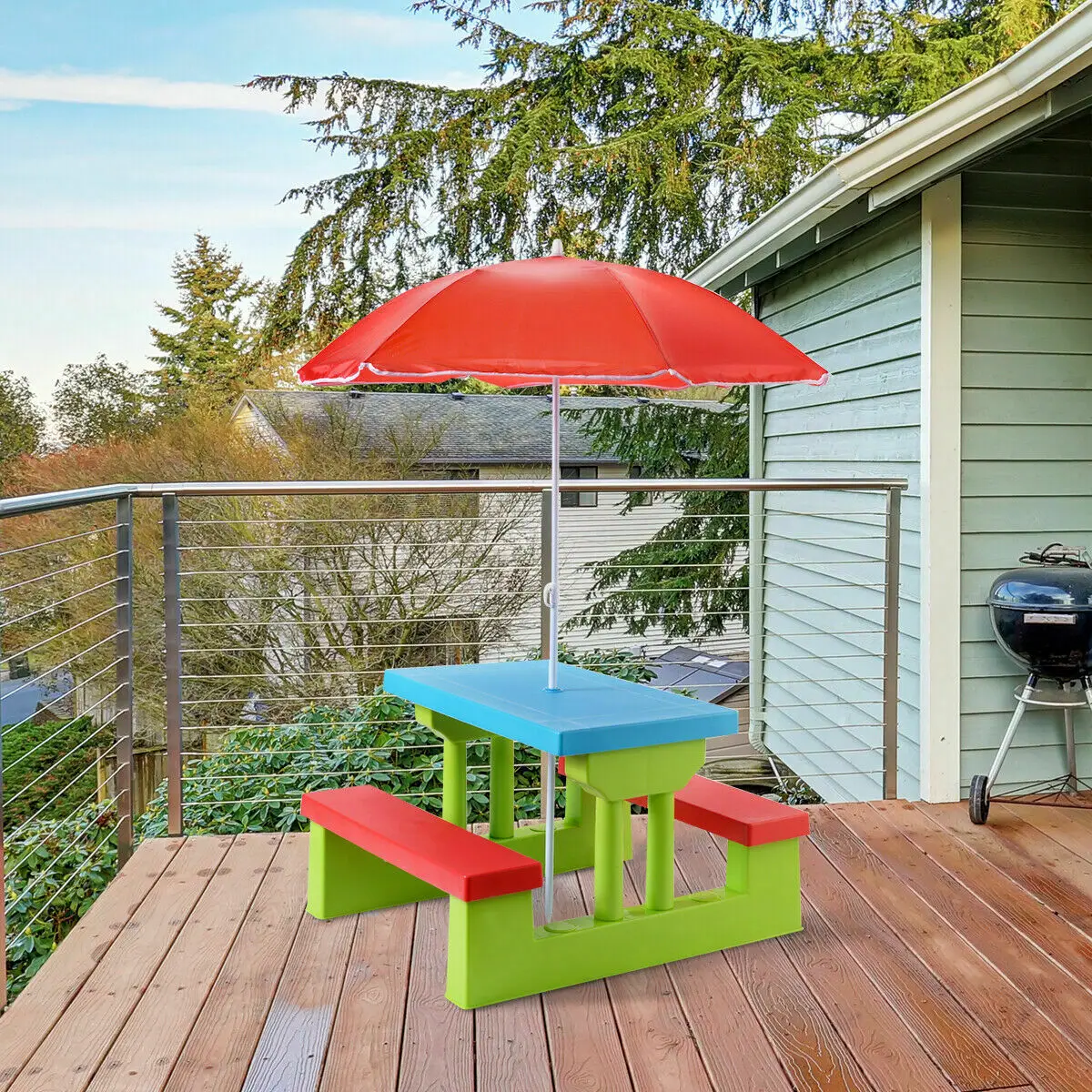 Mesa de Picnic para niños, 4 asientos, con sombrilla, jardín, patio, Banco plegable para niños al aire libre, OP70475