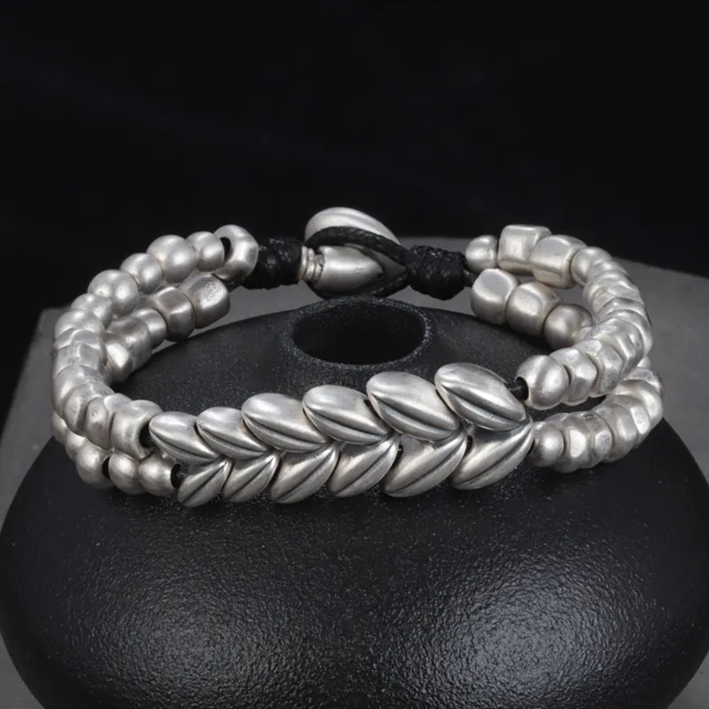 

Silver bracelet women 990 pure silver wheat ear silver bracelet retro wide version Korean wax rope braided couple hand rope