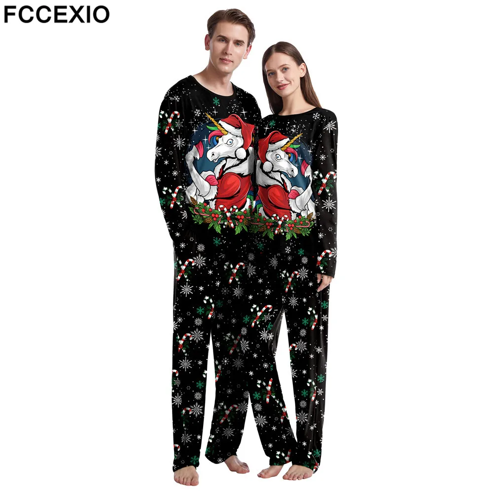 FCCEXIO Christmas Unicorn 3D Print Women Men Pajamas Set Long Sleeve Round Neck Pajamas and Trousers Home Wear Xmas Party Sets