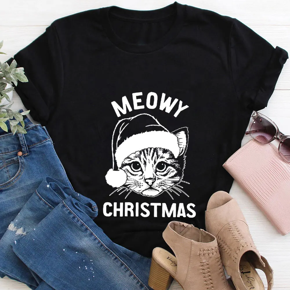 

Santa Hat Cat Christmas 100%Cotton Women Tshirt New Arrival Women Funny Autumn Winter Casual Short Sleeve Top Pet Lover Gift
