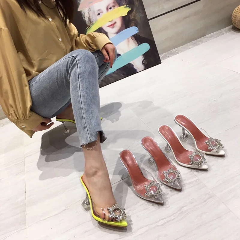 2019 European And American-Style Sunflower Pointed-Toe tou ming gen High-Heel Stiletto Slippers