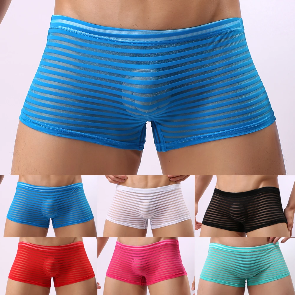 Sexy Men See Through Seamless Boxer Briefs Underwear Shorts Trunks Underpants Sexy Men\'s Underwear Front Convex See Through Mens