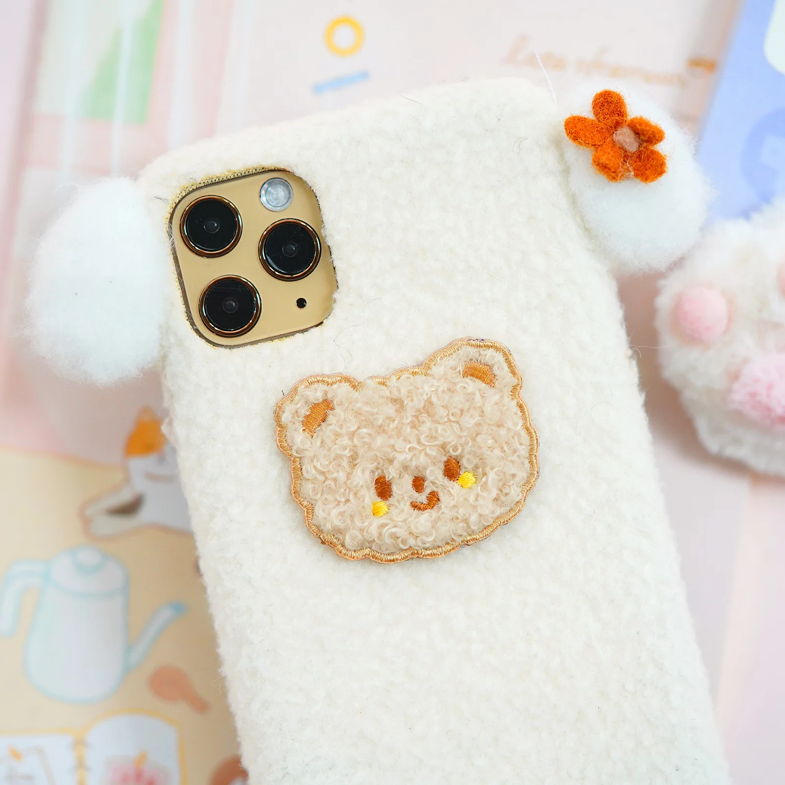 Self-Adhesive 3D Plush Furry Bear Embroidery Patch White Brown Iron On Patches Badges For Clothes Stickers Scarf DIY Applique