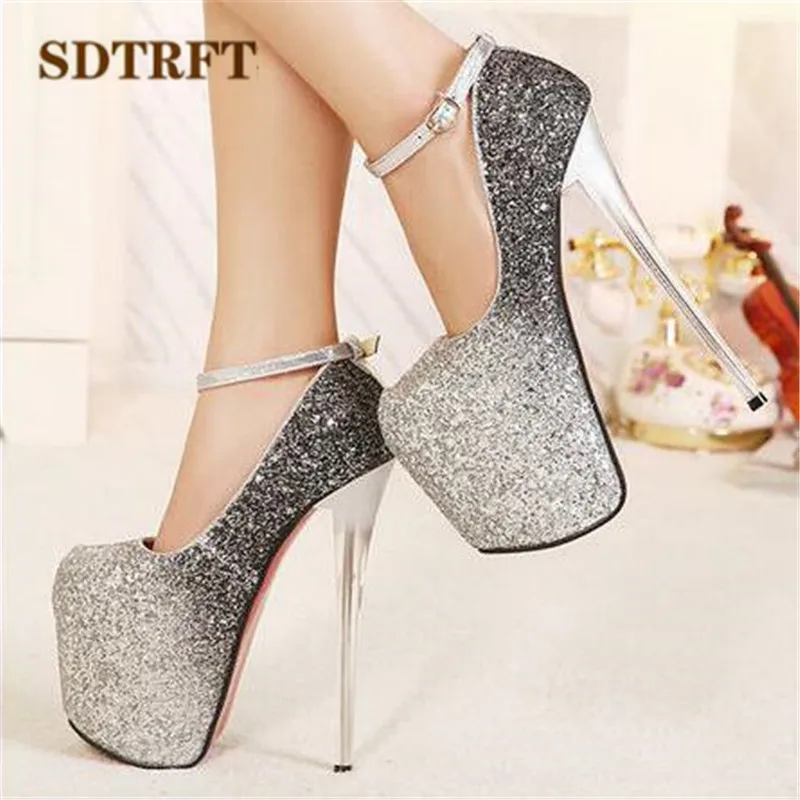 SDTRFT Gold Sliver Sequins Pumps Ladies Platform shoes woman 20cm thin heels Nighclub Ankle Strap single wedding Dance Stiletto