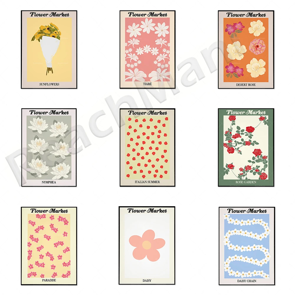 Póster abstracto del mercado de flores, flor de Matisse, flor de Margarita Sakura, girasol, flor del paraíso, decoración de habitación Pastel danés Po