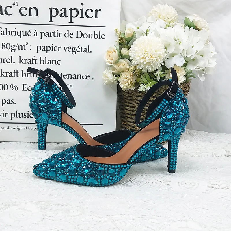 Teal Blue Women wedding shoes Woman Summer Sandals crystal ankle strap shoes woman Fashion Pointed toe High shoes Buckle Sandals