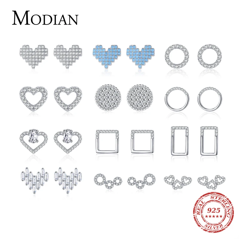 Modian 32 Style 100% 925 Sterling Silver Fashion Hearts Clear CZ Turquoise Stud Earrings For Women Simple Wedding Fine Jewelry