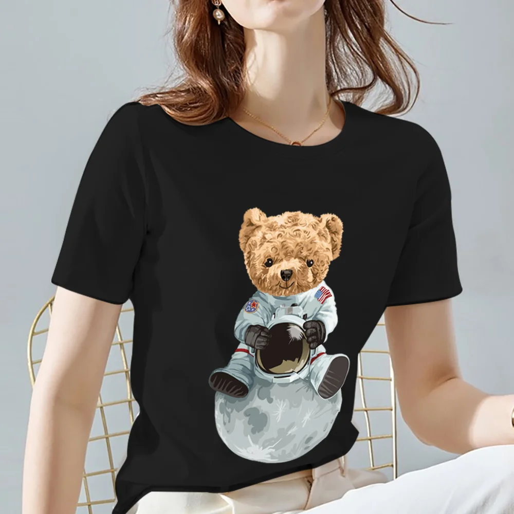 

Casual Women's O-Neck All-match Tees Personalized Kawaii Bear Pattern Printing Series Black Short Sleeve Tops Women Clothes