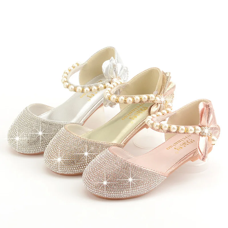 

Fashion Princess Kids Leather Shoes for Girls dress shoe Glitter Children High Heel Girls Shoes Butterfly Knot gold Pink Silver