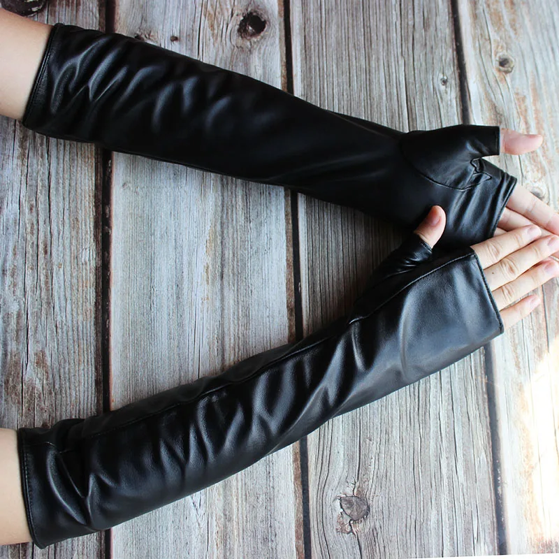 38cm Long Sheepskin Fingerless Gloves Women's Half Finger Gloves Ladies Fashion All-match Autumn Warm Leather Sleeves