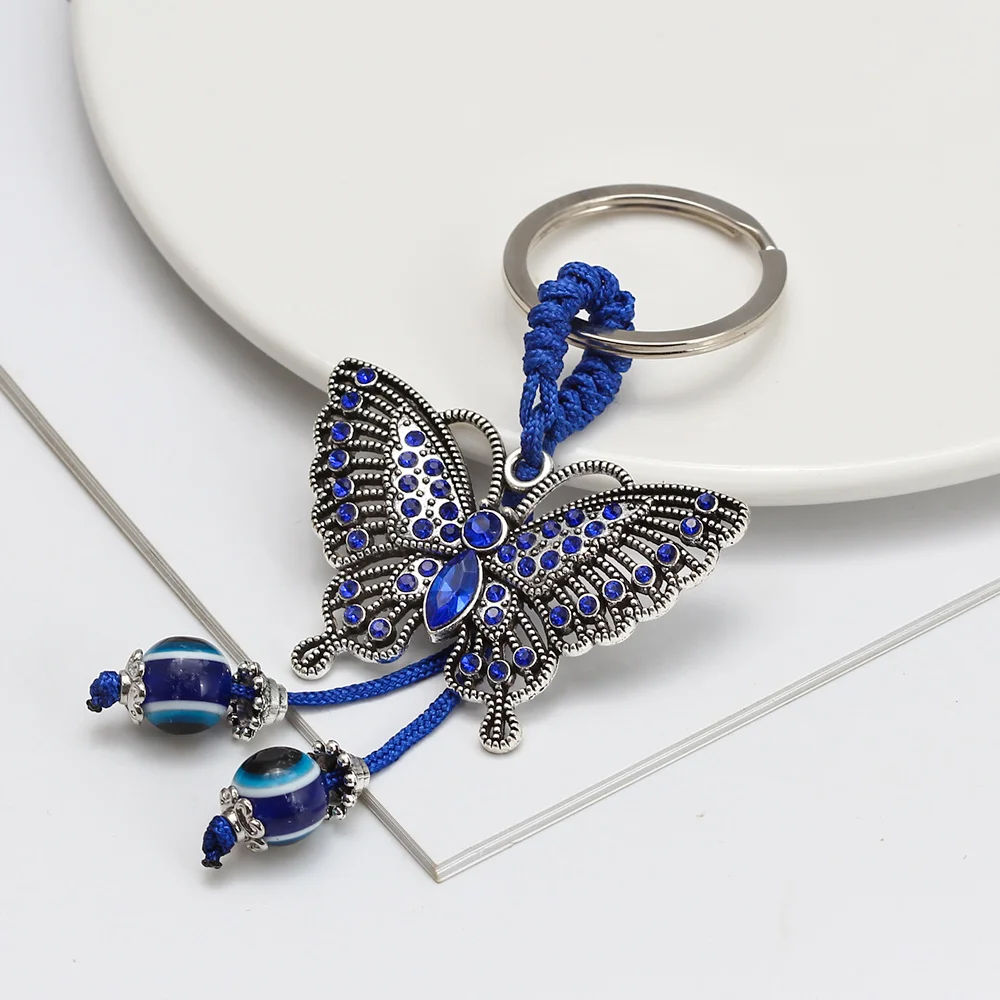 Lucky Eye Alloy Butterfly Pendant Keychain Blue Turkish Evil Eye Bead Tassel Alloy Car key Chain for Women Men Jewelry BE268