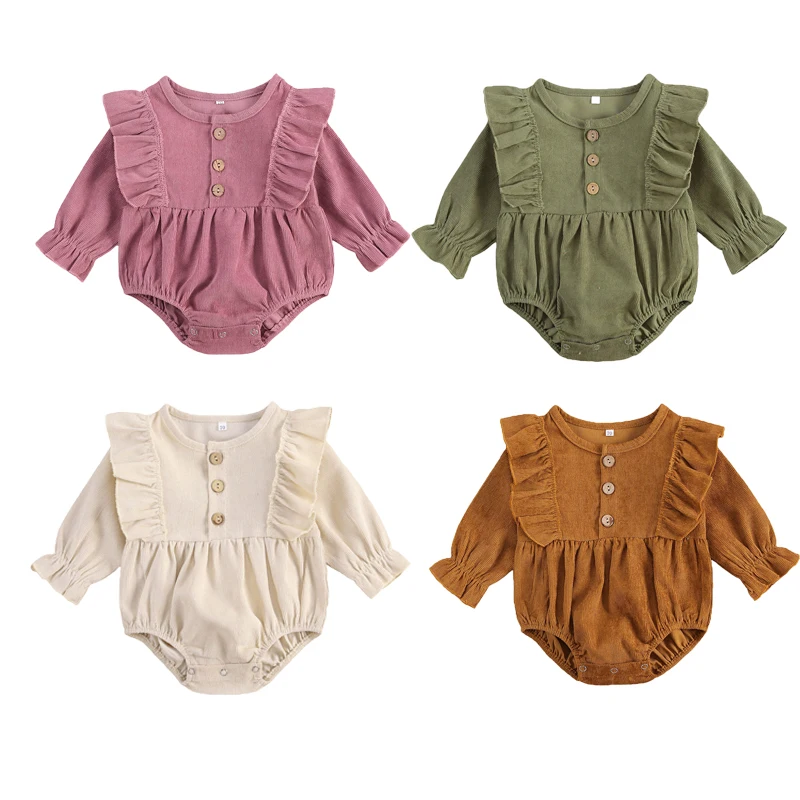 Baby Girls Solid Corduroy Bodysuits 0-24M Newborn Toddler Spring Fall Casual Cotton Long Sleeve O-Neck Ruffled Jumpsuits Outfits