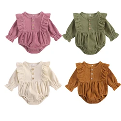 Baby Girls Solid Corduroy Bodysuits 0-24M Newborn Toddler Spring Fall Casual Cotton Long Sleeve O-Neck Ruffled Jumpsuits Outfits