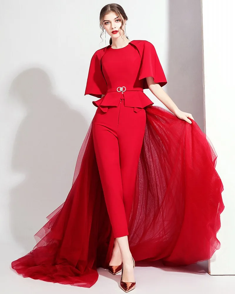 Vermelho feminino querida macacões vestidos de baile cristal sash noite vestido formal com destacável saia calças robe de soiree