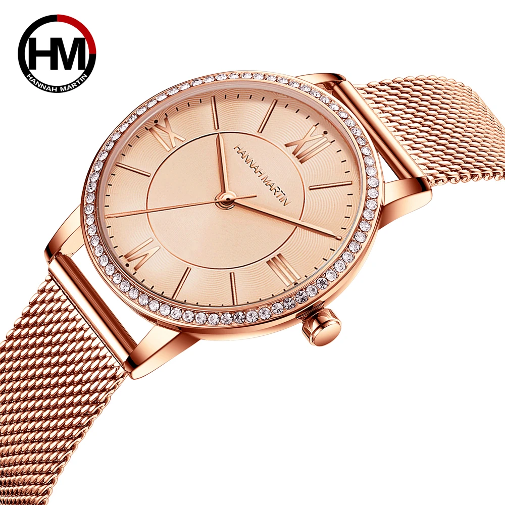 Japan Quartz Movement High Quality Ultra-thin hannah Martin Women Stainless Steel Mesh Waterproof Ladies Watch Dropshipping