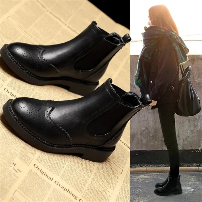 Autumn Winter Genuine Leather Chelsea short boots women\'s flat ankle boots single boots thick bottom British style Ankle boots