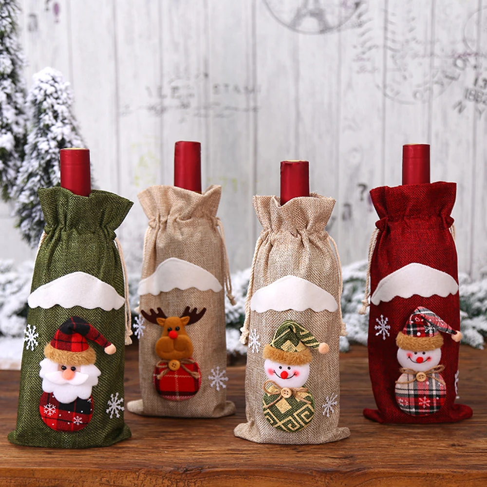 Christmas Burlap Wine Bottle Decor Set Santa Claus Snowman Deer Bottle Cover Clothes Kitchen Decoration for Xmas Dinner Party