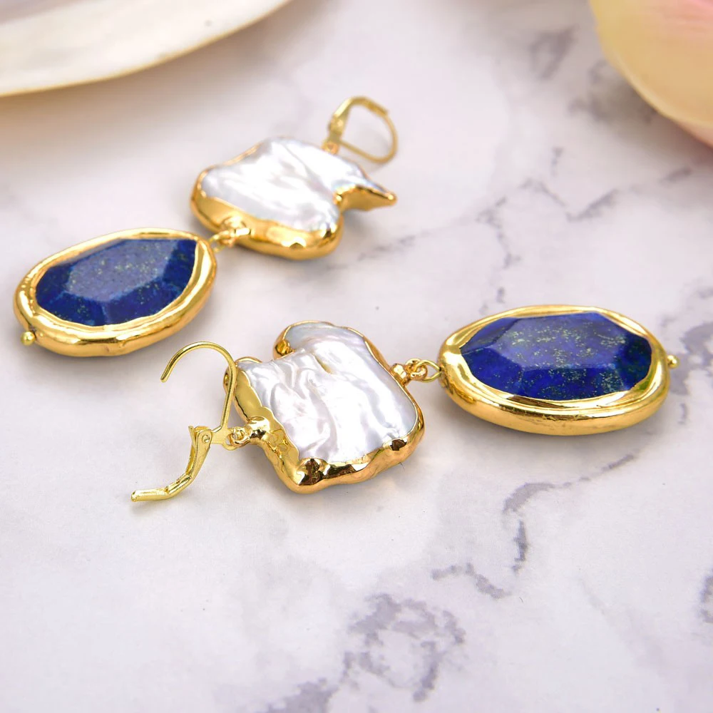 Cultured White Keshi Pearl Blue Lapis With Gold Plated Lever Back Earrings