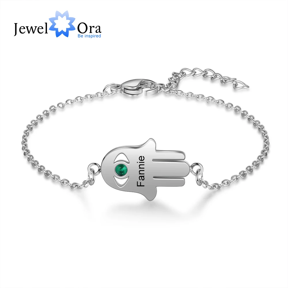 

JewelOra Personalized Good Luck Fatima Hand Bracelet with Birthstone Custom Engraving Name Stainless Steel Bracelets for Women