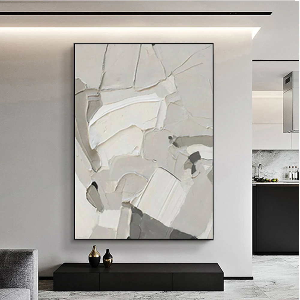 

Modern Abstract Art Painting, Thick Texture, Handmade Canvas Wall Art, Abstract 3D Light Gray and White Oil Painting, Home Decor
