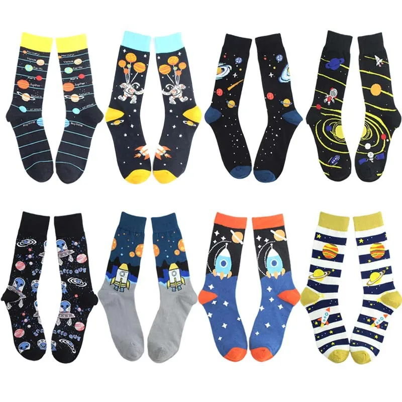 Men\'s fashion high-quality combed cotton socks funny astronaut planet spaceship rocket alien pattern socks happy men gift socks