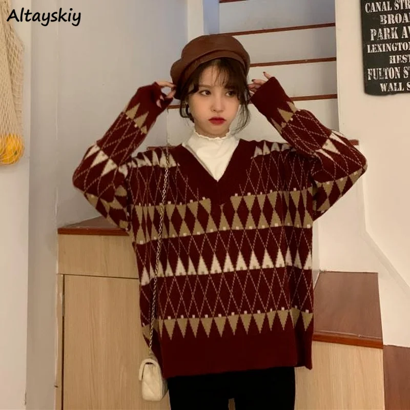 Autumn Women Pullover Sweater Panelled Argyle Long Sleeve Christmas Jumper Retro Loose Outwear Student Glutinous Knitwear Chic