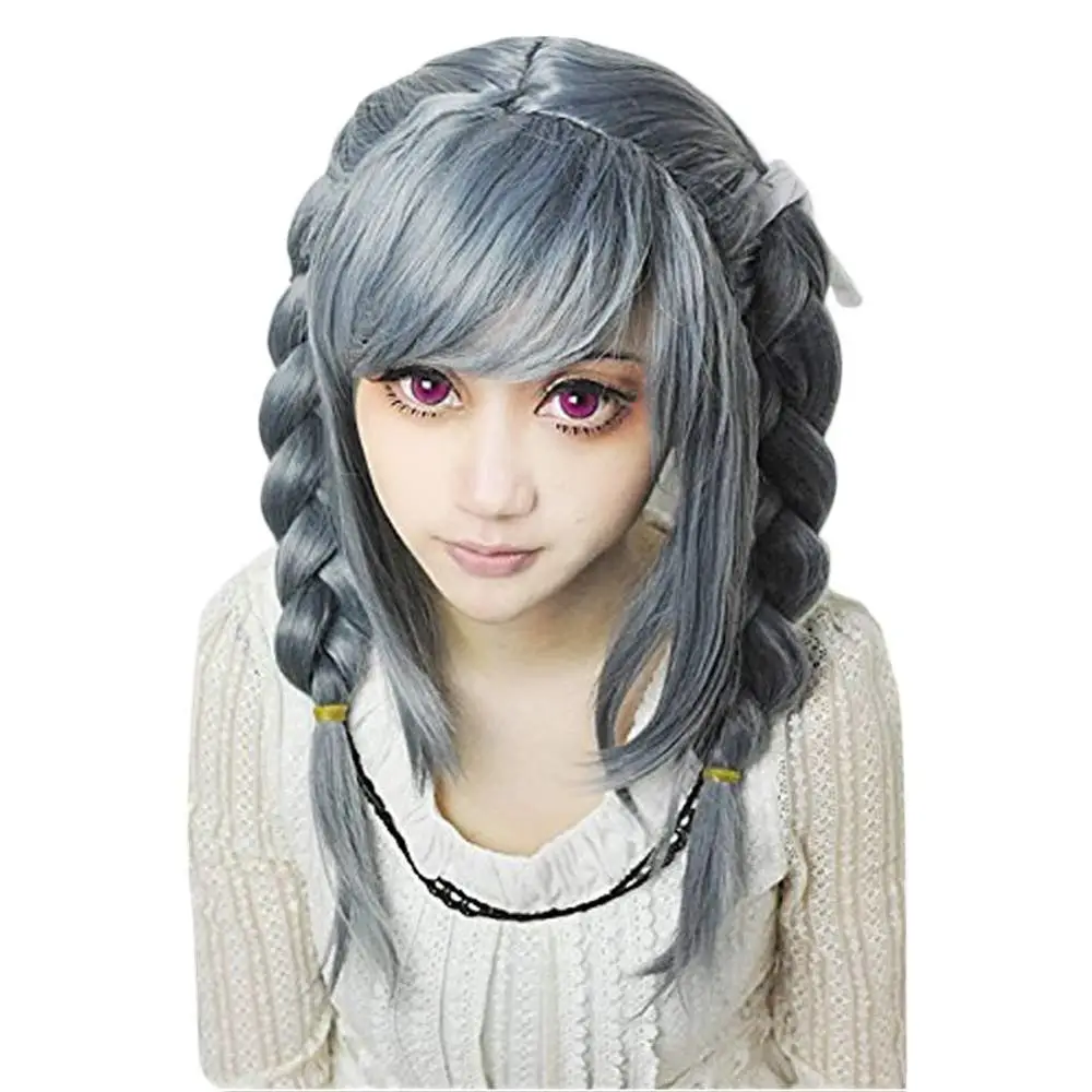 Anime Danganronpa Dangan-ronpa Peko Pekoyama Double Braided Dark Grey Synthetic Cosplay Wig for Halloween Wigs + Glasses