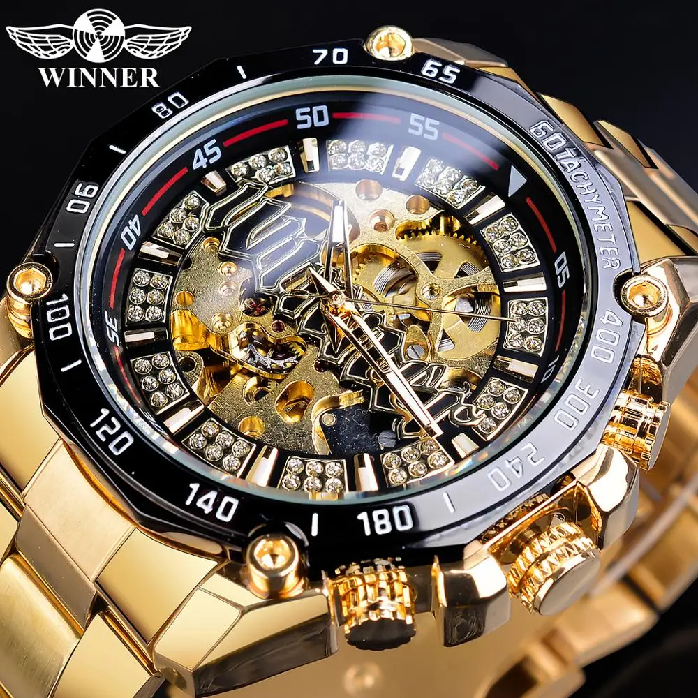 Winner Men Steampunk Fashion Golden Open Work Transparent Men Automatic Skeleton Wristwatch Mechanical Top Brand Luxury Luminous