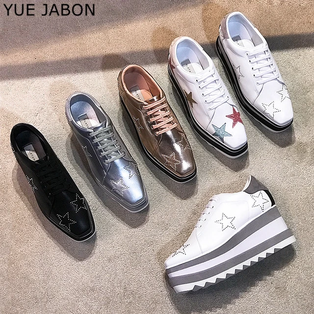 Zapatos informales con remaches y estrellas para mujer zapatillas clasicas con plataforma Color dorado rosa punta cuadrada cuna con cordones AliExpress