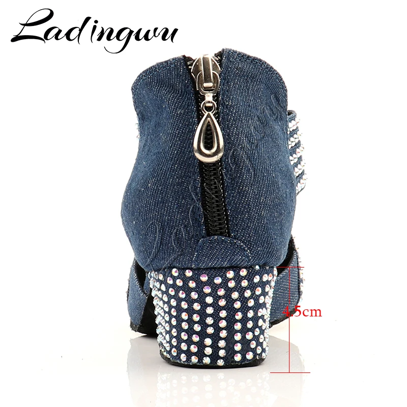 Ladingwu Low-heeled Latin Dance Shoes Salsa Women Dark blue Denim Collocation Shine Rhinestone Dance Shoes Woman Ballroom indoor