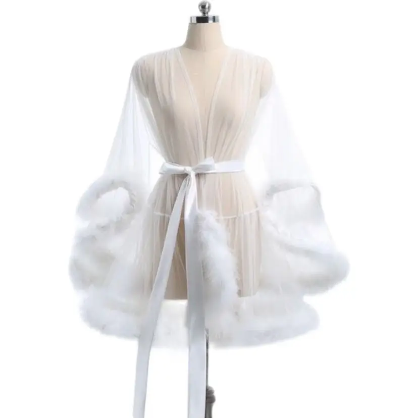 

White Short Feather Bathrobe Women's Bath Gown Tulle Illusion Bridal Robe Wedding Nightgown