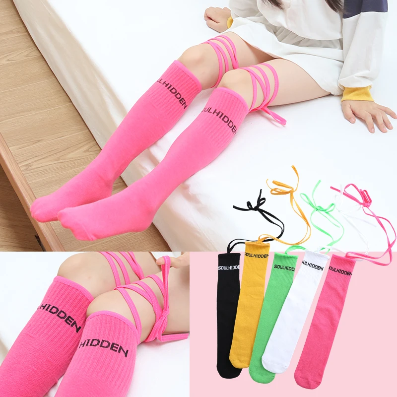 New Fashion Girls long Over Knee Socks ribbon letter embroidery High Knee Socks for kids girls cotton warmer colorful Socks