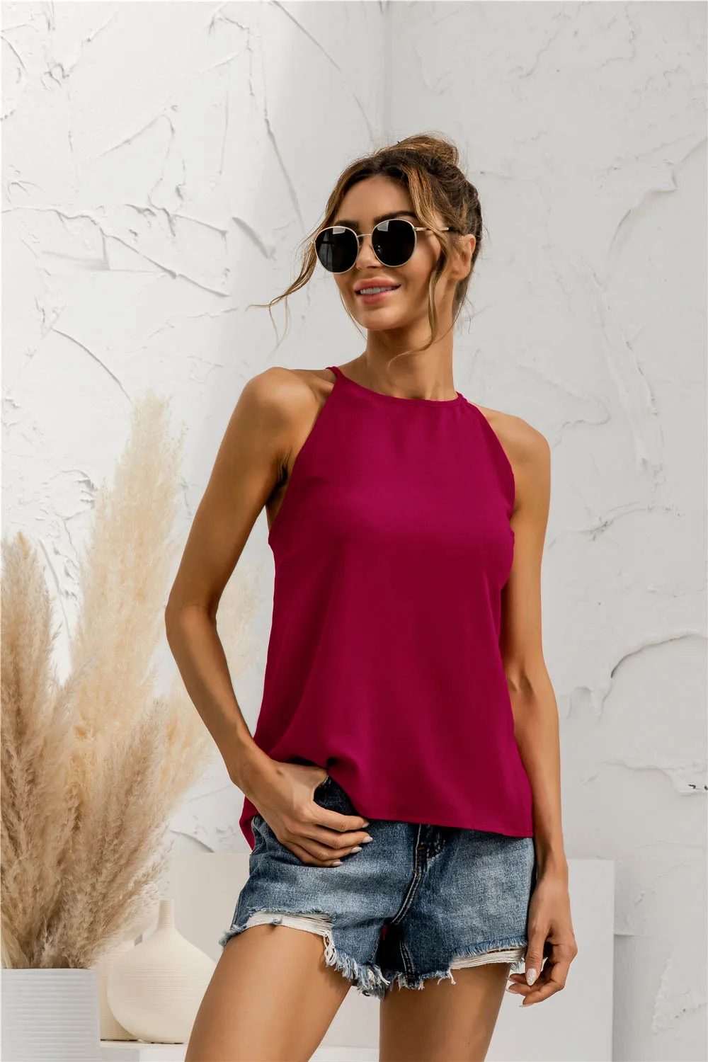 Women Summer T-Shirt Sleeveless Halter Solid Color Tank Top Female 2023 New Hot Spring Sexy Blouse Ladies Chic Young Tees C2473