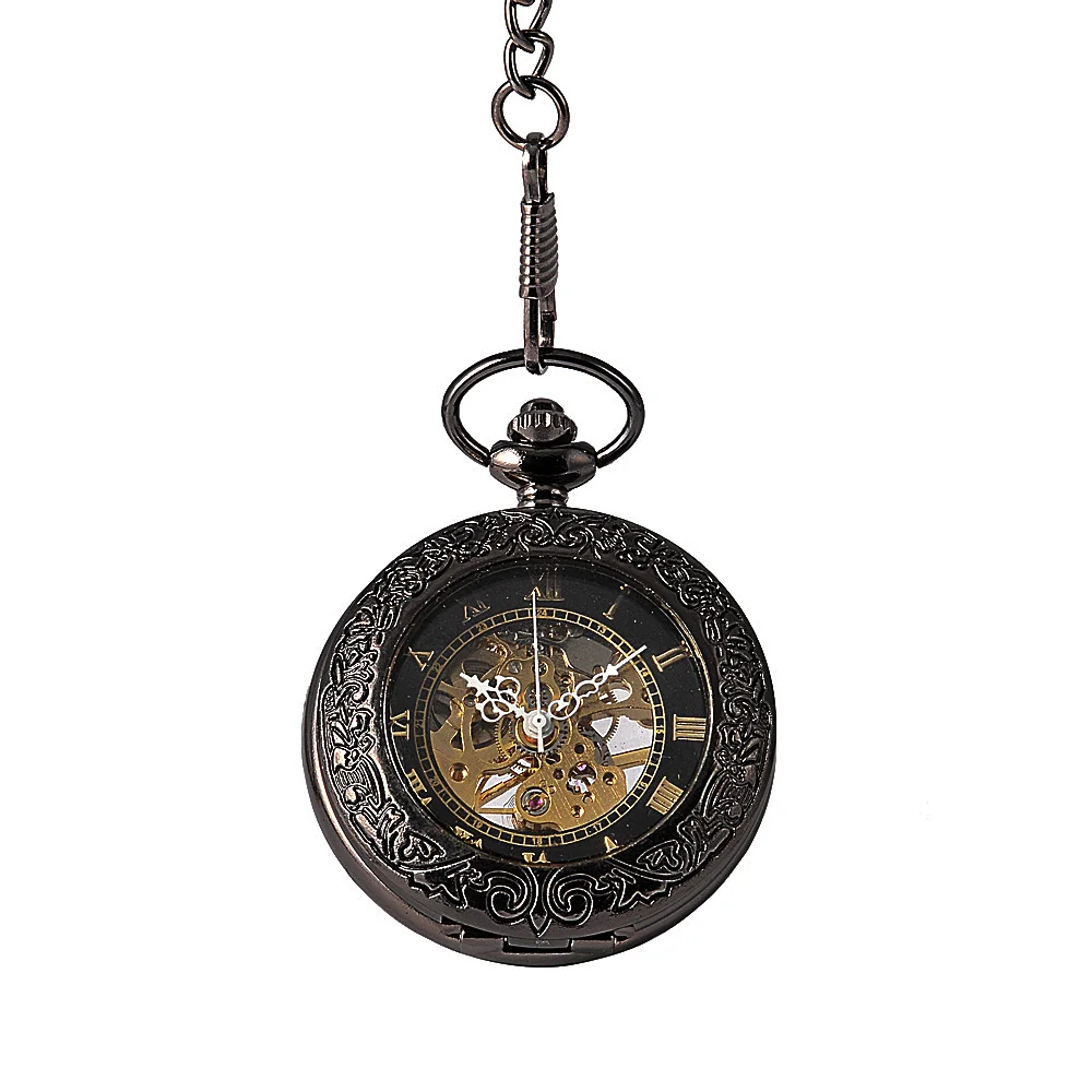 8942Fashion retro black big size mechanical pocket watch decorative pattern Rome scale with thick chain pocket watch