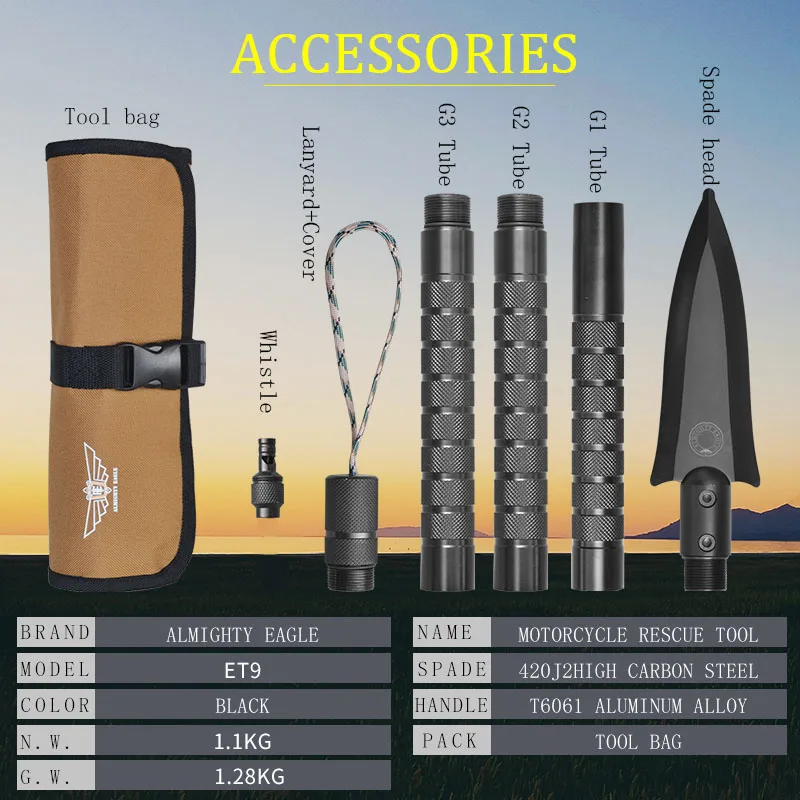 Motorcycle Rescue Tool Survival Shovel, Multi Tool Hammer, Hatchet, Mushroom Digging Spade, Camping Equipment