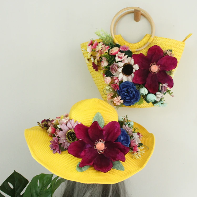 High-end Customized Colorful Artificial Flower Straw Beach Bag Fashion Wave Rattan Summer Holiday Tote Handmade Yellow Lady Suit