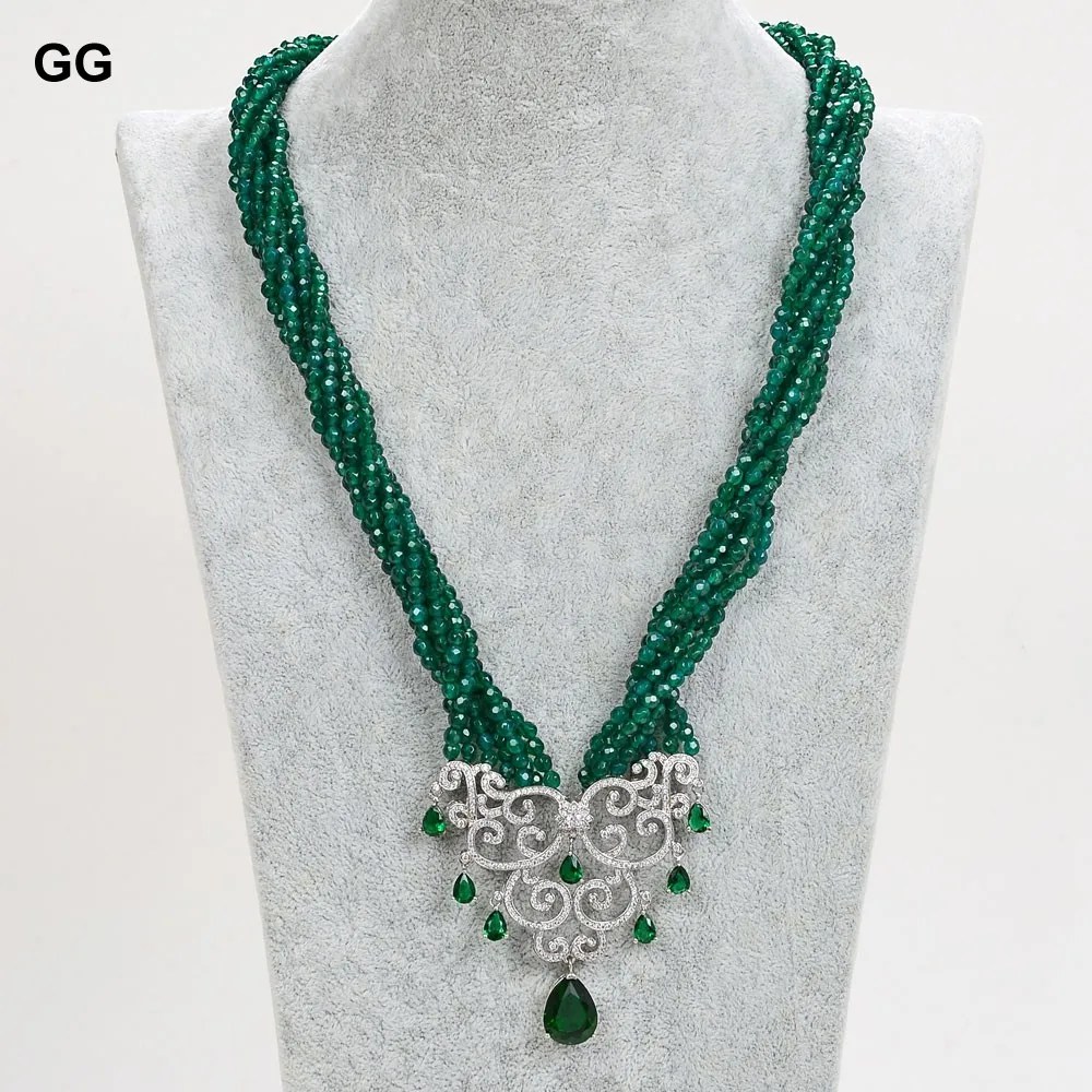 

GuaiGuai Jewelry 20'' 7 Strands Green Agate Necklace Green Flower CZ Pendant