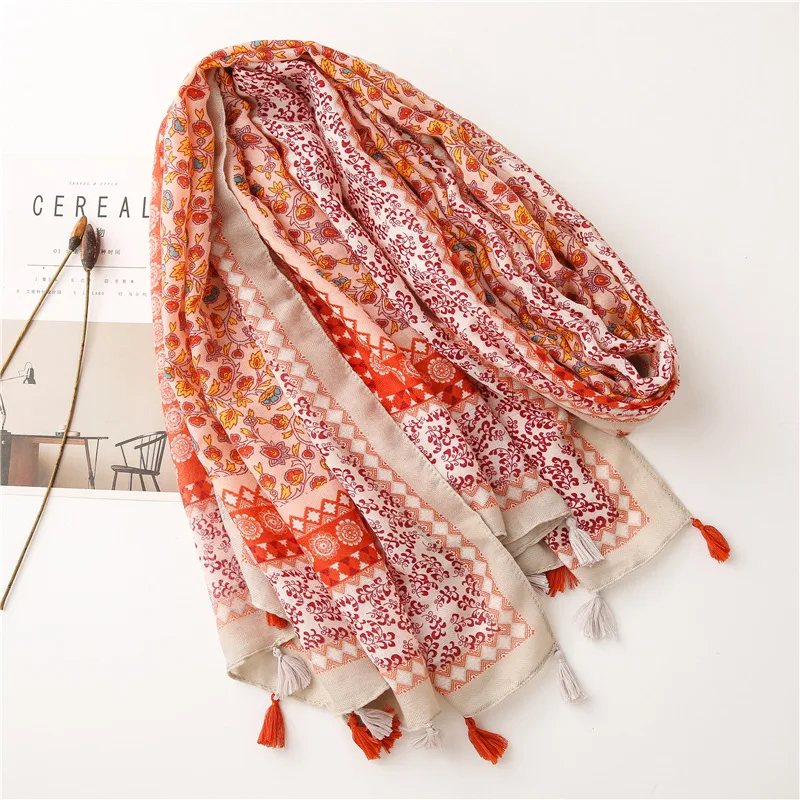 Women Fashion Bohemian Floral Tassel Viscose Shawl From Indian Print Wrap Pashmina Stole Bufandas Muslim Hijab Snood 180*90Cm