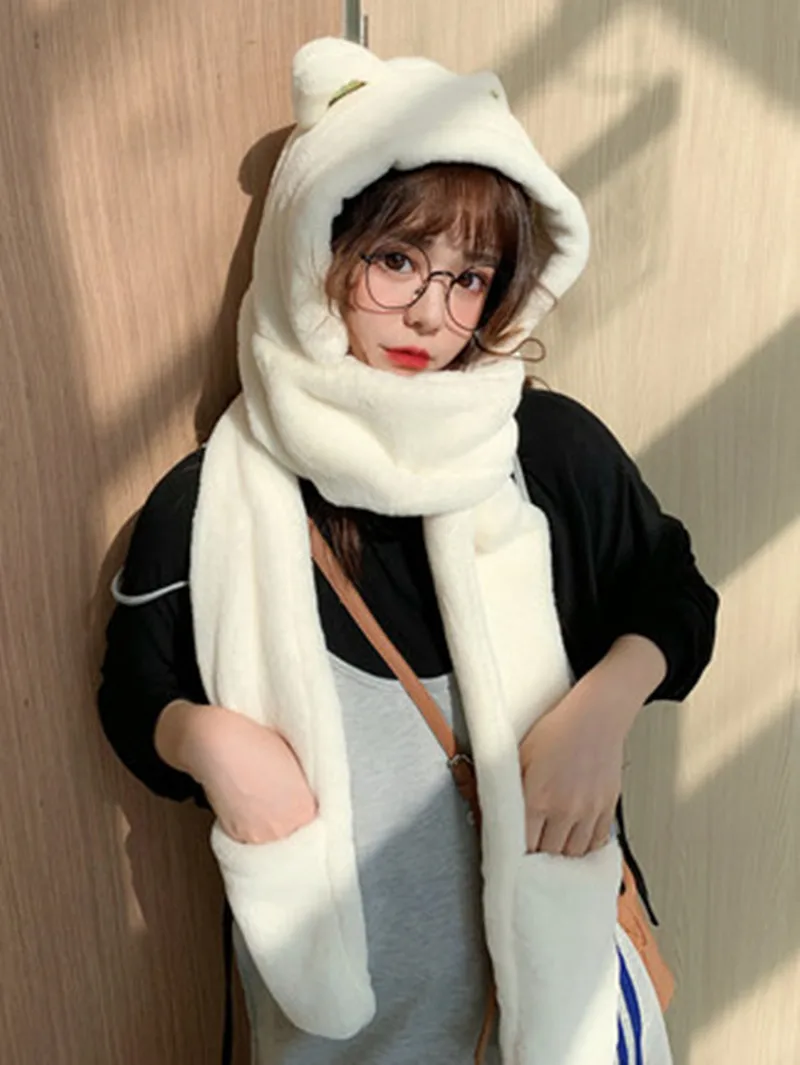 New Autumn/Winter 2023 Girls Hot Hat With Double Scarf and Gloves White Pink Skin Tone Grey Leisure Taking Pictures On a Date
