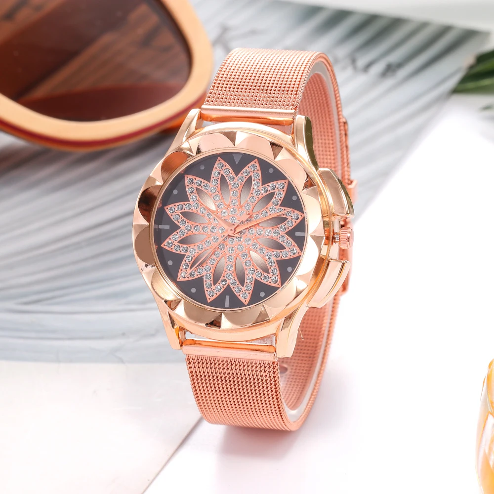 Vrouw Luxe Strass Bloem Vrouwen Horloge Set Jurk Quartz Mesh Riem Dames Horloges Steel Horloges Cadeau Relogio Feminino