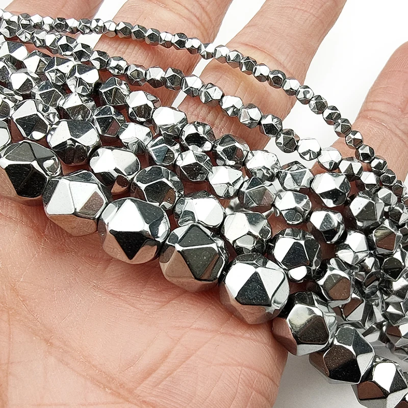 Faceted Silver Color Hematite Natural Stone Beads 3/4/6/8MM Round Spacer Loose Beads for Jewelry Making Diy Bracelet Accessories