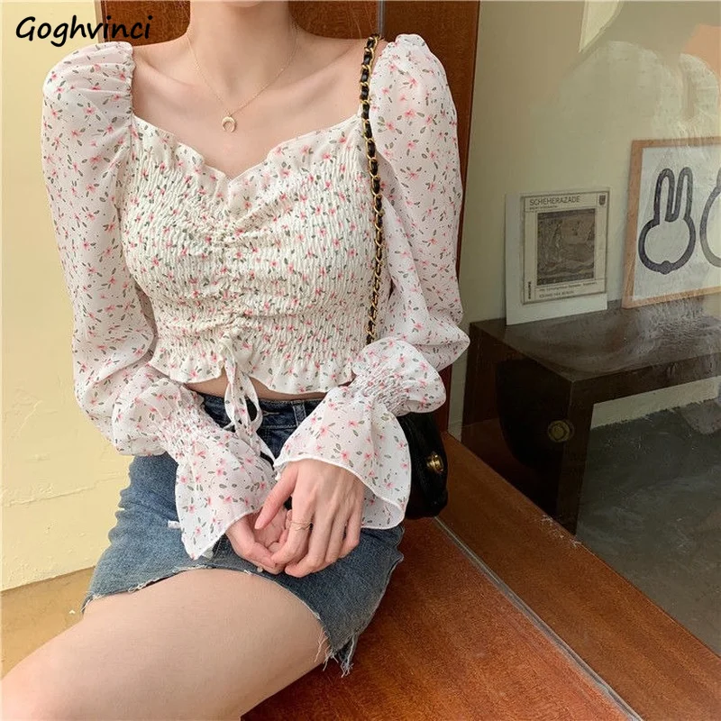 Spring Floral Blouses Women Shirring Sexy Slash Neck Crop Tops Long Sleeve Slim Purple Chiffon Blouse Mujer Sweet Friends Fungus